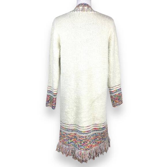 Janice Fuzzy Longline Cardigan Cream Southwestern Trim Fray Fringe Medium - Picture 8 of 14